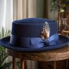 Elegant Navy Blue Cashmere Wool Felt Hat with Feather & Ribbon Accent – Stylish Jazz Fedora for Weddings, Dress Parties, and Holiday Events – Unisex Design for Men & Women