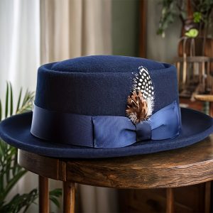 Elegant Navy Blue Cashmere Wool Felt Hat with Feather & Ribbon Accent - Stylish Jazz Fedora for Weddings, Dress Parties, and Holiday Events - Unisex Design for Men & Women