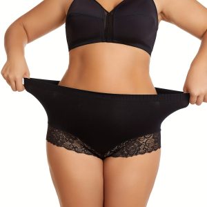 5-Pack Plus Size Women'S Lace Panties, Elegant Floral Pattern, Comfortable Breathable Polyamide & Elastane Blend, Mid-Rise Knit Fabric Briefs with Contrast Lace Detail, 220gsm Lining Weight