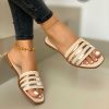 Women’S Summer Fashion Slide Sandals – Black & Golden Open-Toe Slippers with Low Heel, Casual Outdoor Beach Shoes, Lightweight Fabric Upper & TPR Sole, Outdoor Slippers | Elegant Sandals | Durable Slippers, Strappy Sandals