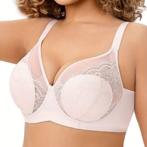 Women'S Plus Size Elegant Lace-Trimmed Bra with Underwire, Breathable & Comfortable, Non-Removable Padding, Random Print Design - Ideal for Daily Wear, Casual Wear Bra|Elegant Lingerie|Comfortable Fit, Lingerie for Wome