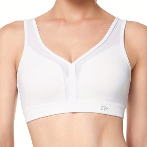 Yvette Plus Size Sports Bra, Women's High Impact V Neck Contrast Mesh Fitness Running High Strength Bra