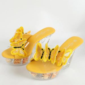 Valentine's Day, Christmas, New Year's Party 4.33 Inches Wedge Heel Crystal Sandals 2025 Spring Yellow Butterfly Decoration Women's Sandals Slippers Slip on Comfy Chunky Heel