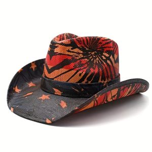 1pcu002FWestern Cowboy Hat With Bull Skull Logo - Sun Hat, Unisex, Vintage Style. Comes With A Detachable Handmade Cross Belt Cord, Suitable For Parties, Halloween And Casual Wear, Showing A Jazzy Style
