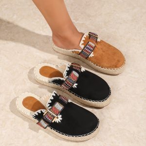 Retro Bohemian Style Suede Mules, Casual Resort Style Women's Slippers, Suitable for Beach Walks, Travel And Leisure
