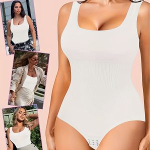 3pcs Plus Size New Solid Women'S Sexy Shapewear Bodysuit, Solid Square Neck Seamless Tummy Control Slimming Body Shaper Mix And Match The Bottoms For Versatility