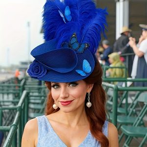 Mother'S Day Gift, Butterfly Headdress Hat Feather, Derby Tea Party Hat Party Jockey Hat, Red Bow Feather Hat, Blue High Top Banquet Hat, Matching Dress Hat