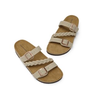 Women's Slides Soft Cork Footbed Sandals Comfortable Walking Slip-on Flat Sandals Arch Support Adjustable Buckle Braided Straps Slippers