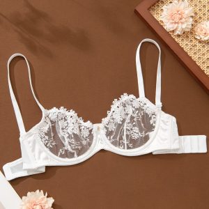 Plus Size Womens Sexy Floral Embroidered Underwire Non-Padded Sheer Mesh Bra - Breathable, Slight Stretch, Jacquard Patterned, Fabric - Perfect For Confident Women