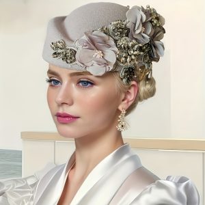 Women'S Vintage Elegant English Felt Turban Hat, Headpiece for Weddings, Tea Parties, Parties, and Church Events, Floral Lace Decoration on Women'S Beret
