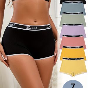 7pcs Women'S Plus Size Mid-Rise Seamless Shorts - Breathable Ribbed Waistband with 