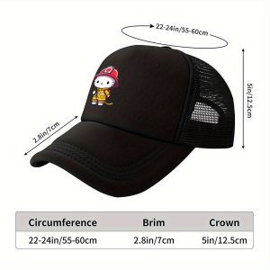 For Hello Kitty Trucker Hat - Breathable Mesh Baseball Cap with Cartoon Print, Red Firefighter Design, Perfect for Golf, Travel, Camping, Climbing, Fishing, Officially Licensed Product
