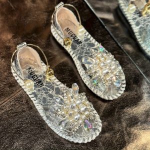 2025 New Women'S Flat Sandals with Handmade Rhinestone and Pearl Flower Decoration, Comfortable Elegant Summer Shoes with Ankle Chain