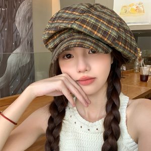 Adjustable - Niche Design Plaid Octagonal Hat For Women Spring And Summer Thin Retro Face-revealing Small Cloud Hat Casual All-match Beret