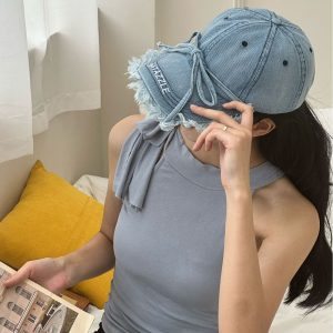 Women'S Baseball Cap, Washed And Vintage-Style, DIY with a Bow, Dad Hat with Tassels, Sweet White Moonlight.