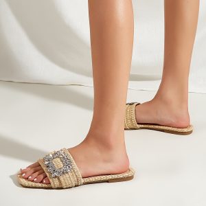 Women Espadrille Slids Rhinestones Straw Woven Flats Sandals Square Open Toe Slip On Casual Beach Comfy Shoes