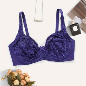 Elegant Plus Size Women'S Bra with Bow Detail - Floral Lace Underwire, No Padding, Stretch Fabric, Ergonomic Support for Casual Attire, Comfortable Undergarment, Smooth Texture