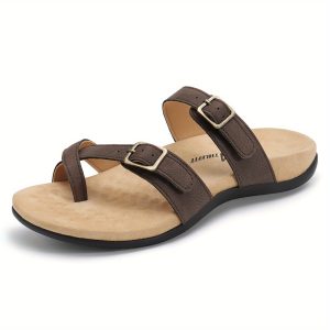 Womens Strappy Slip-On Slides Sandals - Adjustable Buckle, Soft Fabric Upper, Rubber Sole, Flat Heel, Open Toe, Elegant Style