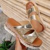2025 Summer Women’s Slip-On Open-Toe Sandals – Champagne Golden with Glittery Embellishments, Mid-Heel Comfort, Synthetic Cover Upper & TPR Sole, Versatile for Casual & Formal Occasions