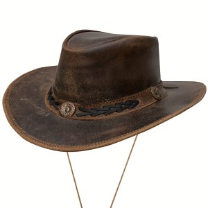 Shapeable Leather Cowboy Hat Into Outback Hat Western Vintage Australian Hats for Men & Women, Festival Unisex Outdoor, High Quality &, Handcrafted Headwear-Stitching, Lightweight Top-Grain Leather, Brass Studs, Adjustable Chin Cord