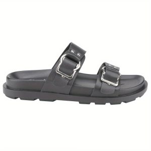 Women's Summer Sandals with Thick EVA Sole & Double Metallic Buckle Straps - Slip-On Open-Toe Non-Slip Indooru002FOutdoor Casual Shoes, White, Strappy Sandals