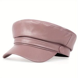 2D Flat, Women's Vintage Newsboy Cap - PU Leather Flat Top Lightweight Sailor Painter Hat, Soft Pink Casual & Formal Wear, Dry Clean Only