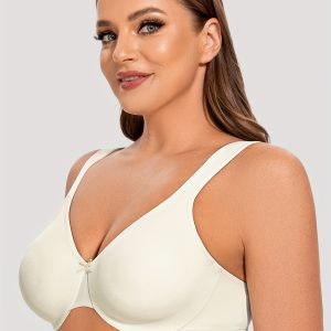 Plus Size Elegant Full Cover Bra Women's Plus Elegant Bra, Plus Size Bow Decor Solid Full Cover Wide Strap Underwire Bra