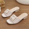 Women’S Summer Slide Sandals – Comfortable Open-Toe Low Heel with Square Buckle Closure, White Faux Cover & Rubber Sole, European & American Style, Wide Widths Available, Ladies Sandals