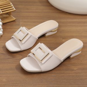 Women'S Summer Slide Sandals - Comfortable Open-Toe Low Heel with Square Buckle Closure, White Faux Cover & Rubber Sole, European & American Style, Wide Widths Available, Ladies Sandals