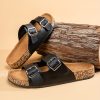 Women’s Adjustable Buckle Slide Sandals with Cork Footbed & Arch Support – Slip-On Open-Toe Casual Sandals in Black Synthetic Cover, All-Season Comfort for Casual Attire, Comfortable Footwear, Sleek Sandal Design