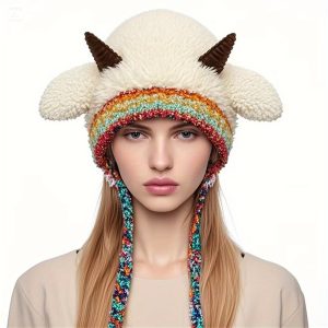 Adult Sheep Hat with Straps - Cute Lamb Ear Flap Furry Beanie, Thick Lining & Contrast Color Design, Elastic Crochet Hat for Daily Wear & Costume Parties, Hand Washable