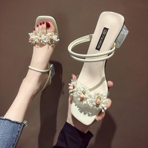 Low Heel Women'S Sandals, New 2023 Style, Fairy-Like Korean Fashion Summer Flower High Heel One-Piece Two-Way Thick Sole Flip-Flops